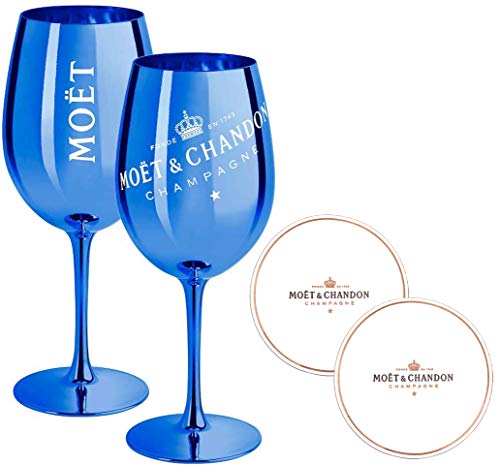 2 x Moet & Chandon Champagnerglas Blau Ibiza Imperial Glas Blue Metallic Champagner-Glas Dunkelblaue Gläser (2 Stück) + Untersetzer von Moët & Chandon
