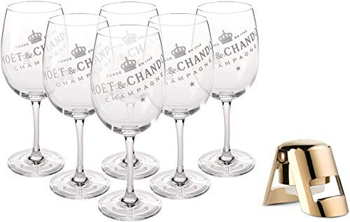 Moët & Chandon Champagner Big Glas (durchsichtig) Gläser Set Ice Imperial Echtglas klar mit weißem Schriftzug (6 Stück) + Moet Flaschenverschluss (Edelstahl) von Moët & Chandon