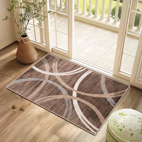 Fußmatte, waschbar, modern, geometrisch, abstrakt, kleiner Teppich, niedriger Flor, Eingangsmatte für Badezimmer, Flur, Eingang und Küche, rutschfest, Braun von Mofanture
