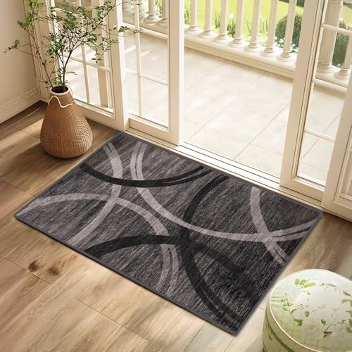 Fußmatte, waschbar, modern, geometrisch, abstrakt, kleiner Teppich, niedriger Flor, Eingangsmatte für Badezimmer, Flur, Eingang und Küche, rutschfest, Grau von Mofanture