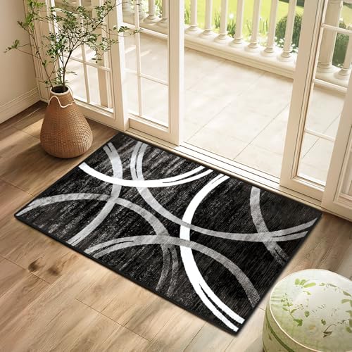 Fußmatte, waschbar, modern, geometrisch, abstrakt, kleiner Teppich, niedriger Flor, Eingangsmatte für Badezimmer, Flur, Eingang und Küche, rutschfest, Schwarz von Mofanture