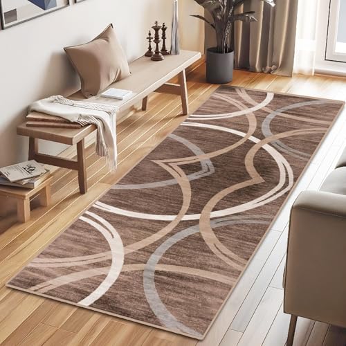 Waschbarer Läufer, modern, geometrisch, abstrakt, niedriger Flor, hoher Verkehr, kleiner Teppich für Küche, Flur, Wohnzimmer und Eingangsbereich, rutschfest, Braun von Mofanture