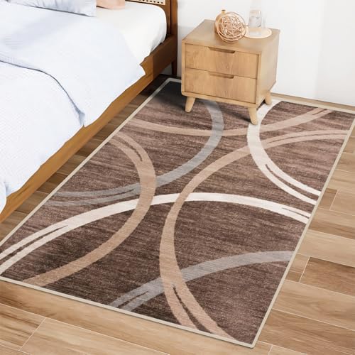 Waschbarer Teppich, modern, geometrisch, abstrakt, klein, für Wohnzimmer, Büro, Schlafzimmer und Esszimmer, rutschfest, Braun von Mofanture