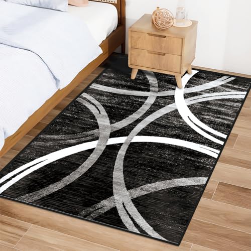Waschbarer Teppich, modern, geometrisch, abstrakt, klein, für Wohnzimmer, Büro, Schlafzimmer und Esszimmer, rutschfest, Schwarz von Mofanture