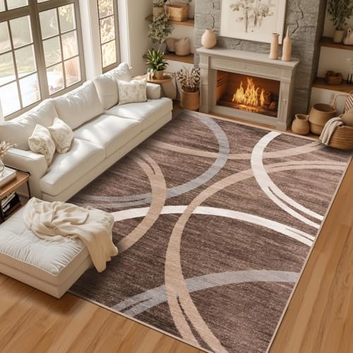 Waschbarer großer Teppich, niedriger Flor, modern, geometrisch, abstrakt, stark frequentiert, für Wohnzimmer, Büro, Schlafzimmer und Esszimmer, rutschfest, Braun von Mofanture