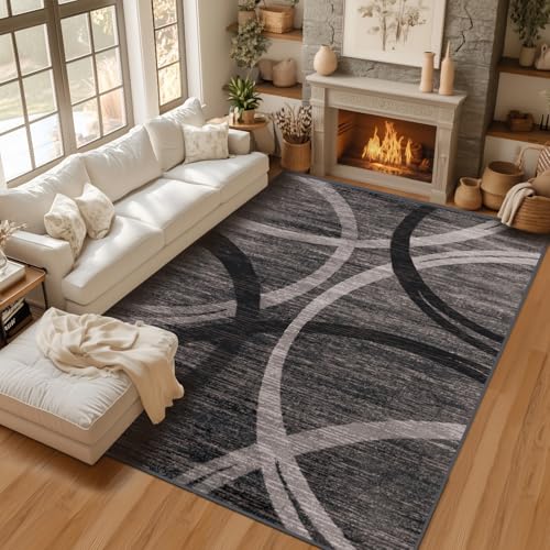 Waschbarer großer Teppich, niedriger Flor, modern, geometrisch, abstrakt, stark frequentiert, für Wohnzimmer, Büro, Schlafzimmer und Esszimmer, rutschfest, Grau von Mofanture