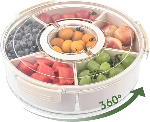 Snackbox mit Fächern, Snackteller mit Deckel 12Inch, 360° Drehbare Snack Spinner Snack Box, Transportbox Aufbewahrungsbox für Snacks Süßigkeiten Nüsse Obst Gewürze, für Party Picknick Trips(Runde) von Mofizarex