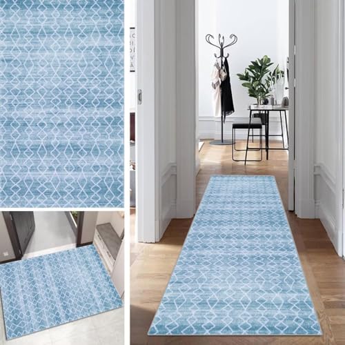 Abstrakt Blau Läufer Flur Lang Küche Schlafzimmer rutschfest Waschbar 120x350cm Vintage Teppich Läufer Dauerhaft Läuferteppich KüchenLäufer Korridor Polyester Anpassbar Meterware von Mogetal