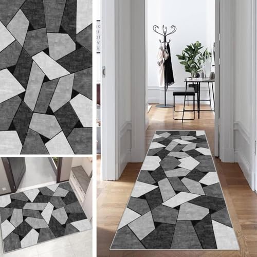 Abstrakt Teppich Läufer Flur Grau Lang Kücheläufer Schlafzimmer Modern Geometrisch Teppich Läufer rutschfest Waschbar 100x200cm Dauerhaft Läuferteppich Flurläufer Korridor Polyester Meterware von Mogetal