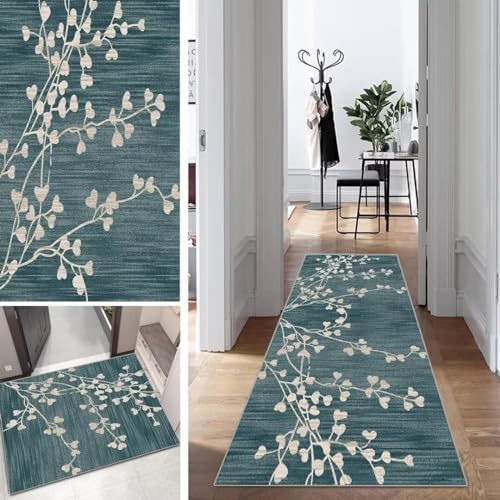 Blau Läufer Teppich Lang Vintage Flur Läufer rutschfest Waschbar 100x350cm Modern Blattmuster Dauerhaft Läuferteppich TeppichLäufer Küchen Korridor Polyester Anpassbar Meterware von Mogetal