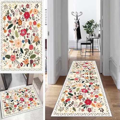 Blumen Teppich Läufer Flur Beige- Gelb Bunt Lang Kücheläufer Schlafzimmer Modern Teppich Läufer rutschfest Waschbar 80x200cm Dauerhaft Läuferteppich Flurläufer Korridor Polyester Meterware von Mogetal
