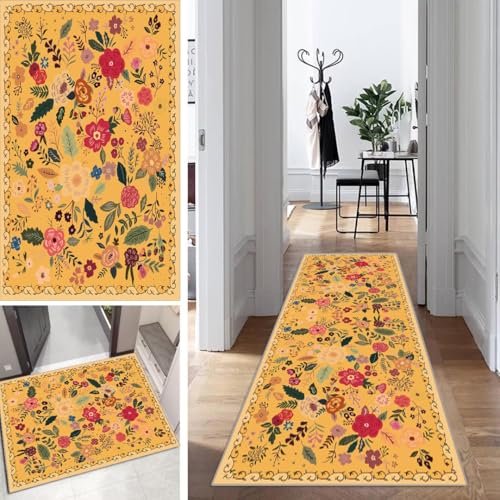 Blumen Teppich Läufer Flur Gelb Bunt Lang Kücheläufer Schlafzimmer Modern Teppich Läufer rutschfest Waschbar 90x500cm Dauerhaft Läuferteppich Flurläufer Korridor Polyester Meterware von Mogetal