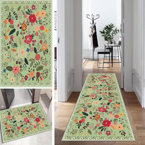 Blumen Teppich Läufer Flur Grün Bunt Lang Kücheläufer Schlafzimmer Modern Teppich Läufer rutschfest Waschbar 80x340cm Dauerhaft Läuferteppich Flurläufer Korridor Polyester Meterware von Mogetal