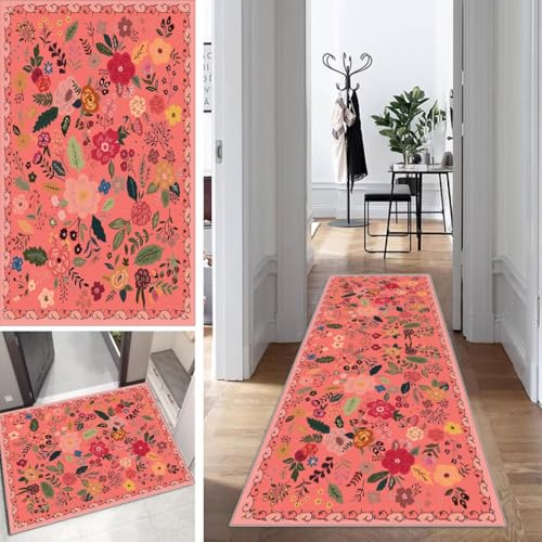 Blumen Teppich Läufer Flur Rot Bunt Lang Kücheläufer Schlafzimmer Modern Teppich Läufer rutschfest Waschbar 40x350cm Dauerhaft Läuferteppich Flurläufer Korridor Polyester Meterware von Mogetal