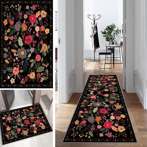 Blumen Teppich Läufer Flur Schwarz Bunt Lang Kücheläufer Schlafzimmer Modern Teppich Läufer rutschfest Waschbar 70x250cm Dauerhaft Läuferteppich Flurläufer Korridor Polyester Meterware von Mogetal