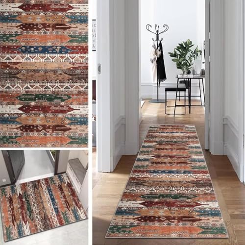 Boho Läufer Teppich Flur Lang Vintage Klassisch Abstrakte rutschfest Waschbar 80x340cm Modern Dauerhaft Läuferteppich TeppichLäufer Küchen Korridor Polyester Anpassbar Meterware von Mogetal