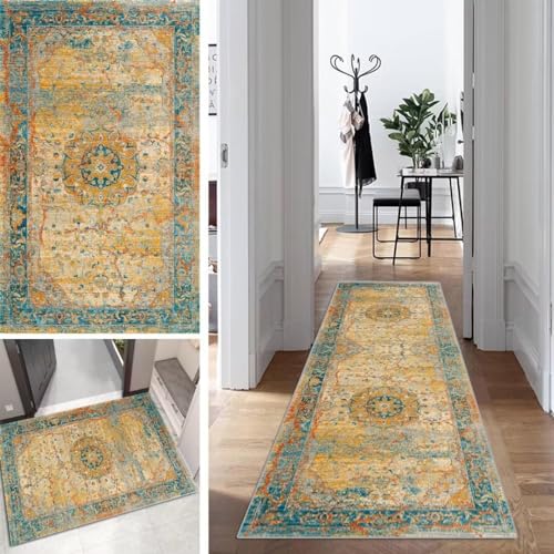 Boho Läufer Teppich Flur Lang Vintage Klassisch TeppichLäufer rutschfest Waschbar 60x150cm Dauerhaft Läuferteppich KüchenLäufer Korridor Polyester Anpassbar Meterware von Mogetal