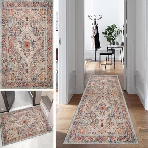 Boho Läufer Teppich Flur Lang Vintage Klassisch TeppichLäufer rutschfest Waschbar 80x150cm Dauerhaft Läuferteppich KüchenLäufer Korridor Polyester Anpassbar Meterware von Mogetal