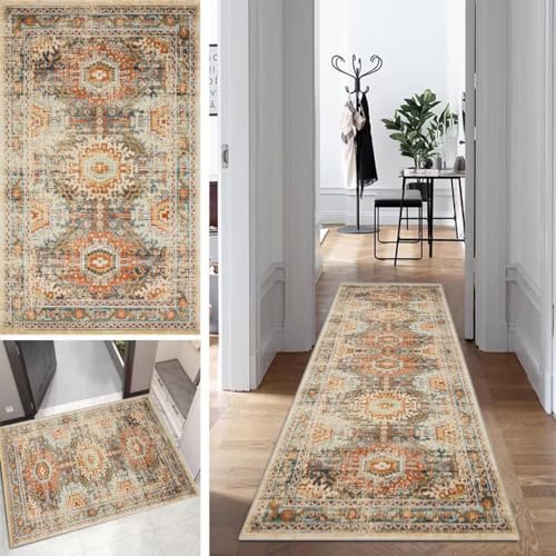 Boho Läufer Teppich Lang Vintage Klassisch Flur Läufer Abstrakte rutschfest Waschbar 40x150cm Modern Dauerhaft Läuferteppich TeppichLäufer Küchen Korridor Polyester Anpassbar Meterware von Mogetal