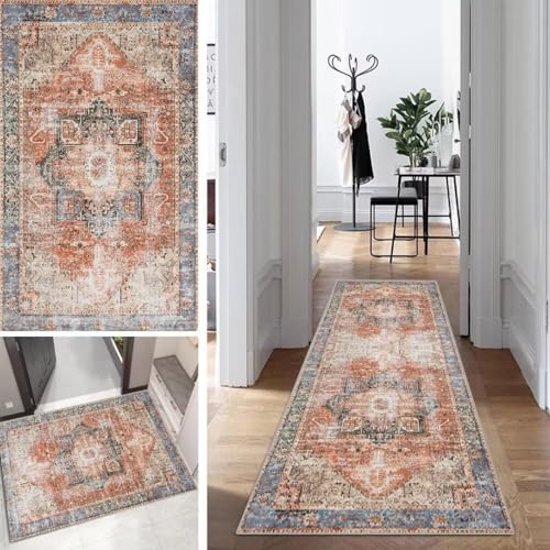 Boho Läufer Teppich Lang Vintage Klassisch Flur Läufer Abstrakte rutschfest Waschbar 80x120cm Modern Dauerhaft Läuferteppich TeppichLäufer Küchen Korridor Polyester Anpassbar Meterware von Mogetal