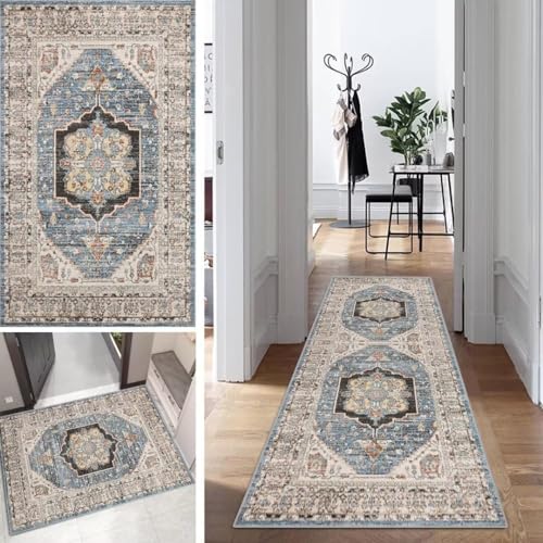 Boho Läufer Teppich Lang Vintage Klassisch Flur Läufer Abstrakte rutschfest Waschbar 80x350cm Modern Dauerhaft Läuferteppich TeppichLäufer Küchen Korridor Polyester Anpassbar Meterware von Mogetal