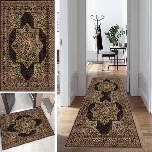 Boho Teppich Läufer Flur Braun Kücheläufer Schlafzimmer Modern Teppich Läufer rutschfest Waschbar 90x220cm Dauerhaft Läuferteppich Flurläufer Korridor Polyester Meterware von Mogetal