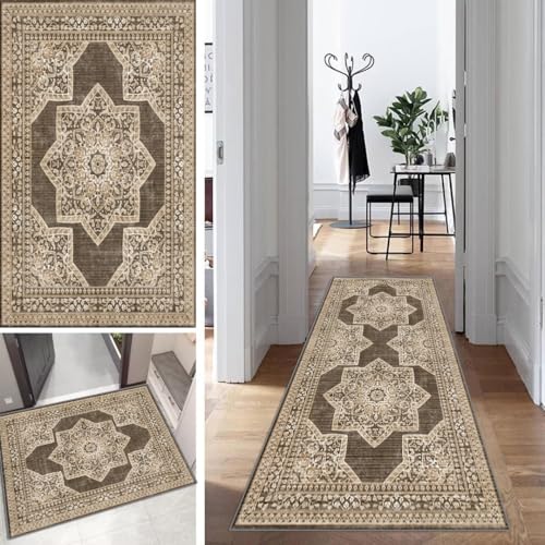 Boho Teppich Läufer Flur Braun Lang Kücheläufer Schlafzimmer Modern Teppich Läufer rutschfest Waschbar 110x450cm Dauerhaft Läuferteppich Flurläufer Korridor Polyester Meterware von Mogetal