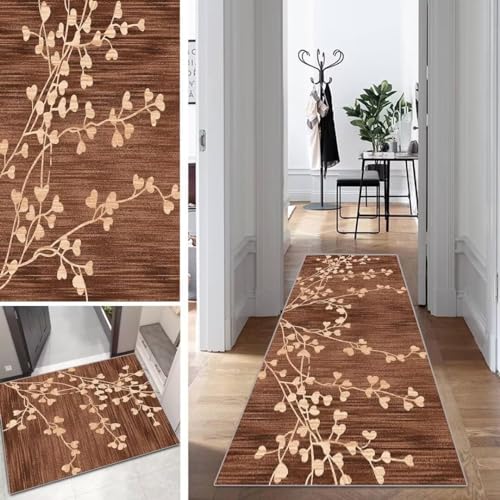 Braun Läufer Teppich Lang Vintage Flur Läufer rutschfest Waschbar 80x400cm Modern Blattmuster Dauerhaft Läuferteppich TeppichLäufer Küchen Korridor Polyester Anpassbar Meterware von Mogetal