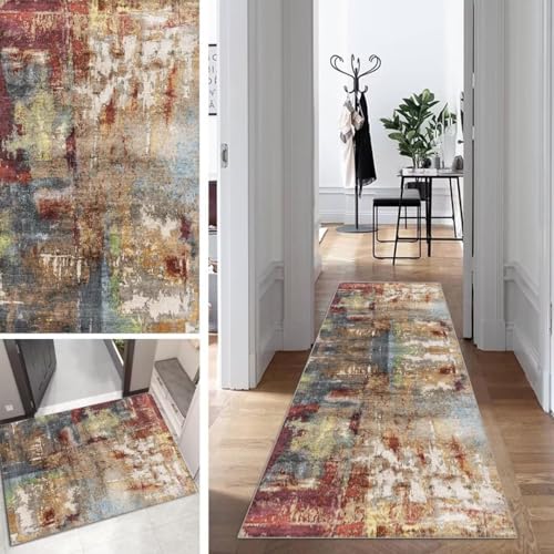 Bunt Läufer Teppich Lang Flur Läufer Abstrakte rutschfest Waschbar 90x120cm Modern Dauerhaft Flur Läuferteppich TeppichLäufer Küchen Korridor Polyester Anpassbar Meterware von Mogetal