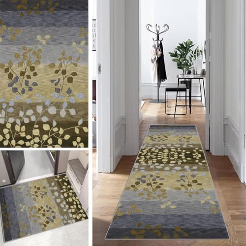 Bunt Teppich Läufer Flur Lang Kücheläufer Schlafzimmer Modern Blattmuster Teppich Läufer rutschfest Waschbar 50x250cm Dauerhaft Läuferteppich Flurläufer Korridor Polyester Meterware von Mogetal