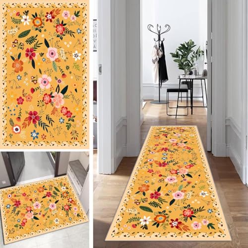 Gelb Blumen Teppich Läufer Flur Bunt Lang Kücheläufer Schlafzimmer Modern Teppich Läufer rutschfest Waschbar 70x280cm Dauerhaft Läuferteppich Flurläufer Korridor Polyester Meterware von Mogetal