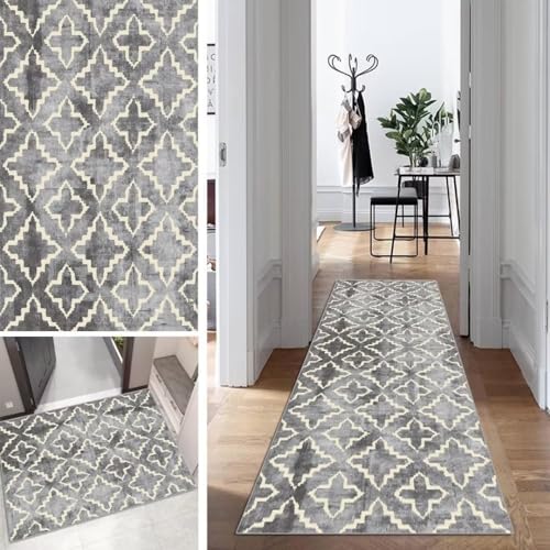 Grau Läufer Teppich Lang Flur Läufer Abstrakte rutschfest Waschbar 110x120cm Modern Dauerhaft Flur Läuferteppich TeppichLäufer Küchen Korridor Polyester Anpassbar Meterware von Mogetal