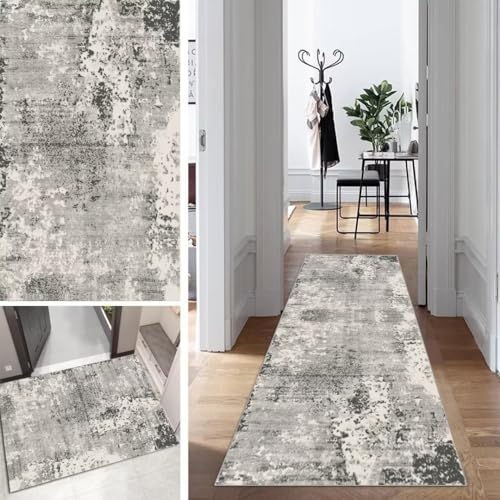 Grau Läufer Teppich Lang Flur Läufer Abstrakte rutschfest Waschbar 80x250cm Modern Dauerhaft Flur Läuferteppich TeppichLäufer Küchen Korridor Polyester Anpassbar Meterware von Mogetal