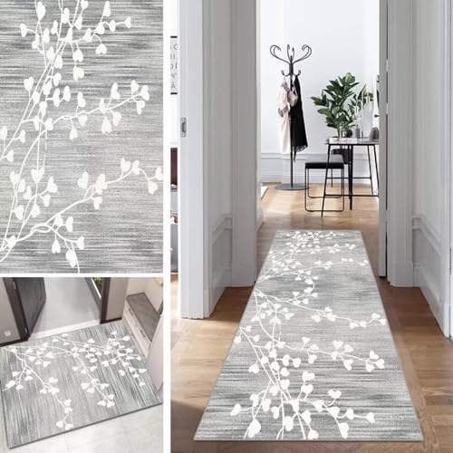 Grau Läufer Teppich Lang Vintage Flur Läufer rutschfest Waschbar 50x200cm Modern Blattmuster Dauerhaft Läuferteppich TeppichLäufer Küchen Korridor Polyester Anpassbar Meterware von Mogetal