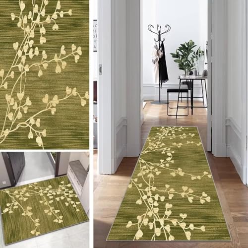 Grün Läufer Teppich Lang Vintage Flur Läufer rutschfest Waschbar 40x300cm Modern Blattmuster Dauerhaft Läuferteppich TeppichLäufer Küchen Korridor Polyester Anpassbar Meterware von Mogetal