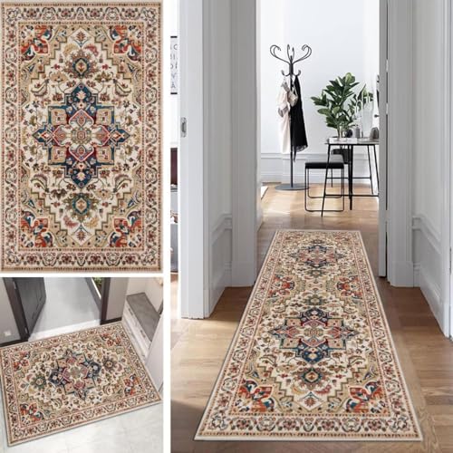 Klassisch Boho Läufer Flur Lang Küche Schlafzimmer rutschfest Waschbar 80x160cm Vintage Teppich Läufer Dauerhaft Läuferteppich KüchenLäufer Korridor Polyester Anpassbar Meterware von Mogetal