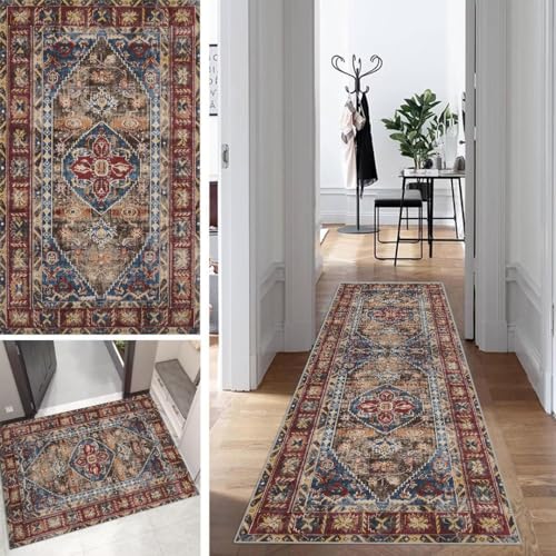 Läufer Flur Küche Lang Boho Style Schlafzimmer Teppich Läufer rutschfest Waschbar 70x180cm Klassisch Vintage Dauerhaft Läuferteppich Flurläufer Korridor Polyester Meterware von Mogetal