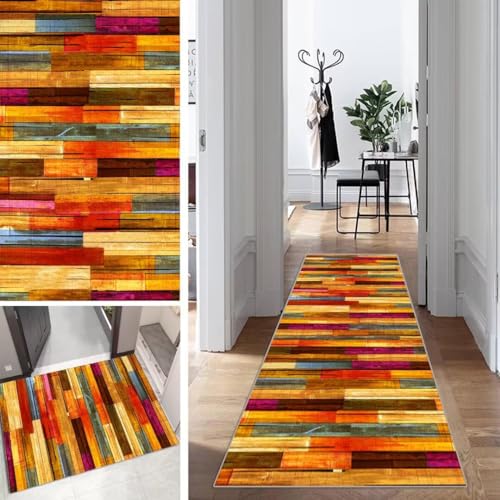 Läufer Flur Lang Küche Schlafzimmer rutschfest Waschbar 40x90cm Bunt 3D Holzmaserung Teppich Läufer Dauerhaft Läuferteppich KüchenLäufer Korridor Polyester Anpassbar Meterware von Mogetal
