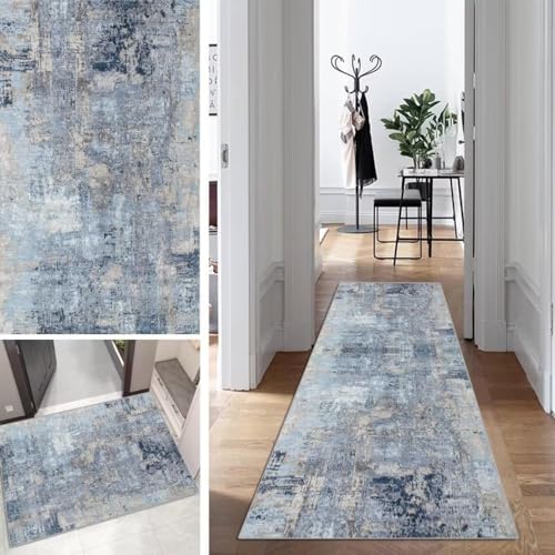 Läufer Teppich Blau Lang Flur Läufer Abstrakte rutschfest Waschbar 40x180cm Modern Dauerhaft Flur Läuferteppich TeppichLäufer Küchen Korridor Polyester Anpassbar Meterware von Mogetal