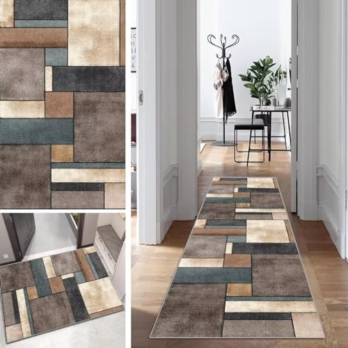 Läufer Teppich Lang Flur Läufer Küche rutschfest Waschbar 70x150cm Geometrische Muster Dauerhaft Läuferteppich TeppichLäufer KüchenLäufer Korridor Polyester Anpassbar Meterware von Mogetal