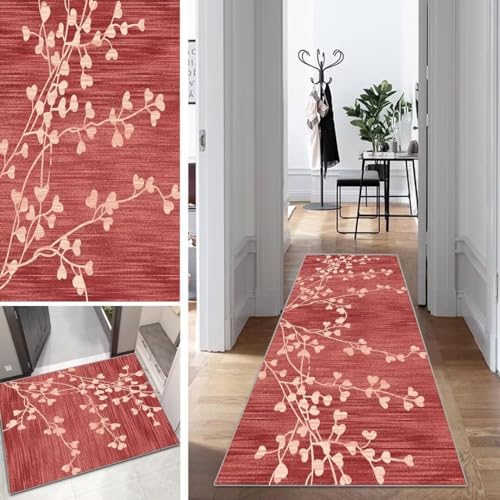 Rot Läufer Teppich Lang Vintage Flur Läufer rutschfest Waschbar 60x80cm Modern Blattmuster Dauerhaft Läuferteppich TeppichLäufer Küchen Korridor Polyester Anpassbar Meterware von Mogetal