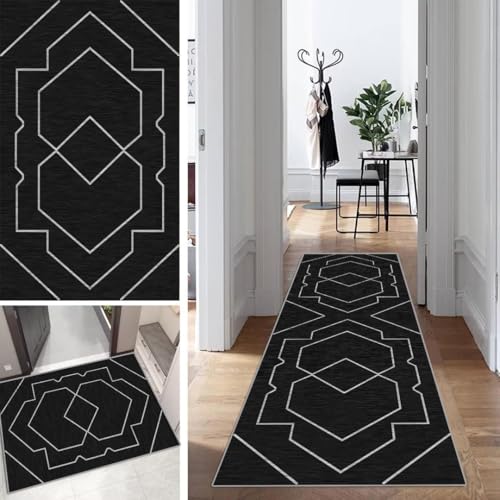 Schwarz Abstrakt Teppich Läufer Flur Lang Kücheläufer Schlafzimmer Modern Geometrisch Teppich Läufer rutschfest Waschbar 120x550cm Dauerhaft Läuferteppich Flurläufer Korridor Polyester Meterware von Mogetal