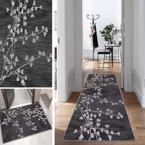 Schwarz Läufer Teppich Lang Vintage Flur Läufer rutschfest Waschbar 120x120cm Modern Blattmuster Dauerhaft Läuferteppich TeppichLäufer Küchen Korridor Polyester Anpassbar Meterware von Mogetal