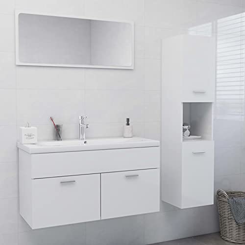 Mogou Badmöbel-Set, Waschtisch Set, Badezimmer Möbel, Bathroom Furniture Sets, Badezimmerschrank-Set, Hochglanz-Weiß Spanplatte von Mogou