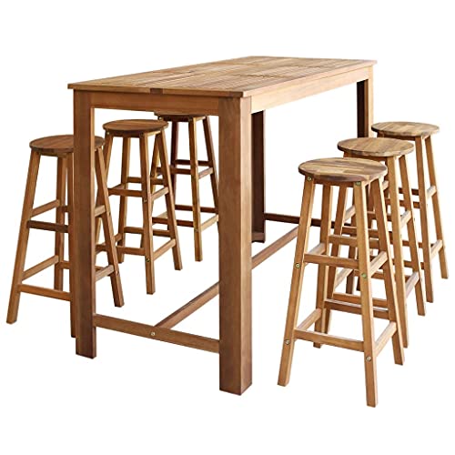 Mogou Bartisch und Hocker-Set 7-TLG Stehtisch Küche, Tisch, Hochtisch, Bartische & -theken, Esstisch, Bar Tisch, Bar Table, Akazienholz Massiv von Mogou