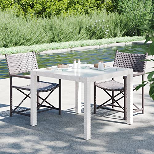 Mogou Gartentisch, Bartisch, Balkontisch, Balkonmöbel Kleiner Balkon, Balkon Tisch, Beistelltisch, 90x90x75 cm Gehärtetes Glas Poly Rattan Weiß von Mogou