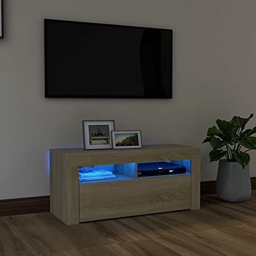 Mogou TV-Schrank, Fernsehtisch, Tv Lowboard, Fernsehschrank, Tv Bank, Tv Table, Tv Kommode, mit LED-Leuchten Sonoma-Eiche 90x35x40 cm von Mogou