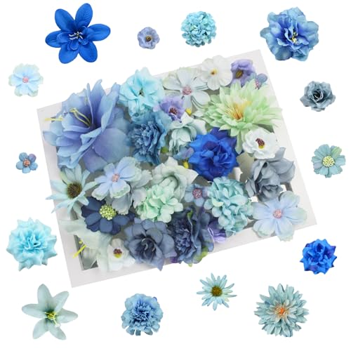 MoguGo 50 Stück Kunstblumen zum Basteln – 10 Farben Stoffblumen 2–8cm, Kunstblumen Köpfe für DIY Projekte, Mini deko Blumen künstlich für Scrapbooking, Hochzeit, Party, Home Deko (Blau) von MoguGo