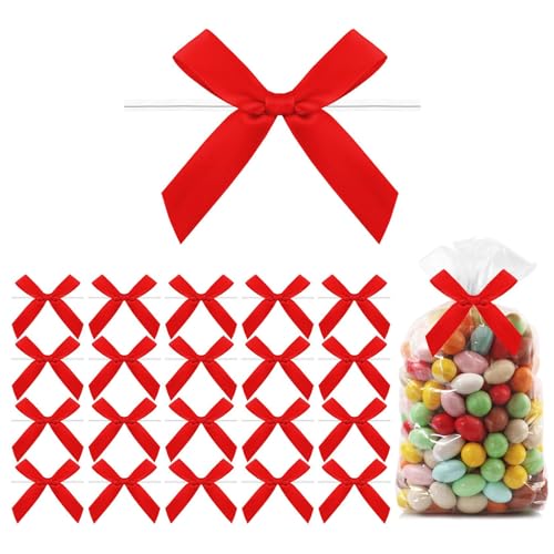 Moguri 20pcs kleine Schleifen,Mini Schleifen aus vorgebundenem Satinband,Schleifen zum Binden für Leckerli Tüten,vorgefertigte Schleifen für Geschenk DIY Keks Bonbontüten,Rot von Moguri