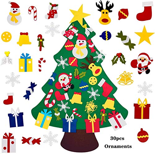 Flacher Filz Weihnachtsbaum mit 30 Stück Abnehmbaren Ornamente 100x70cm DIY Vlies Weihnachtsschmuck Baum DIY Weihnachtsbaum für Kinder Weihnachten Geschenk Neujahr Home Tür Wand Hängend Dekoration von Moguxb